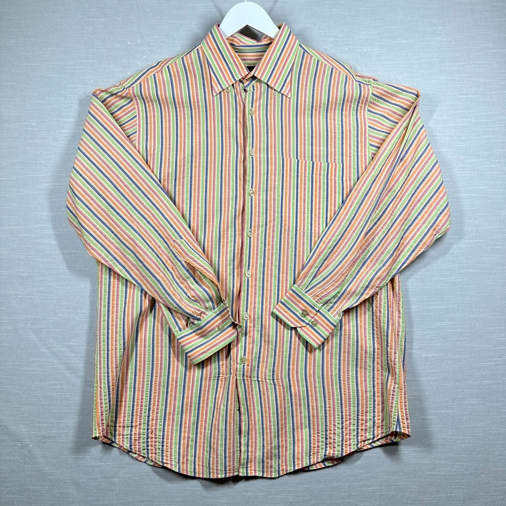 Scott Barber Shirt Yellow Mens Large Dress Striped Pastel Button Up Dress Summer